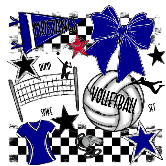 Mustangs Checkers Volleyball Spirit Design-Blue
