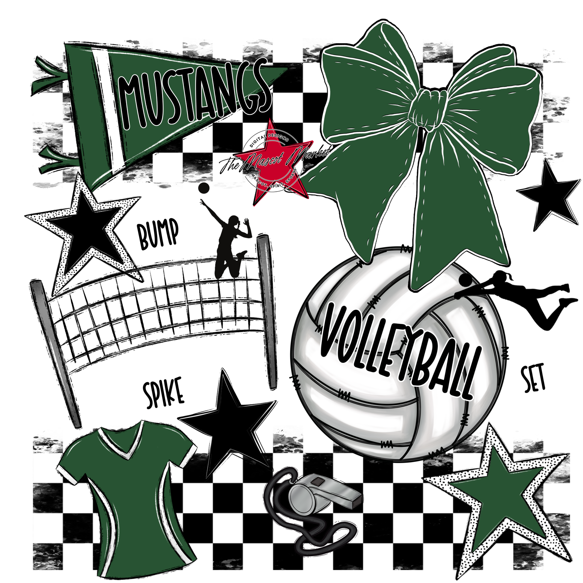 Mustangs Checkers Volleyball Spirit Design-Green