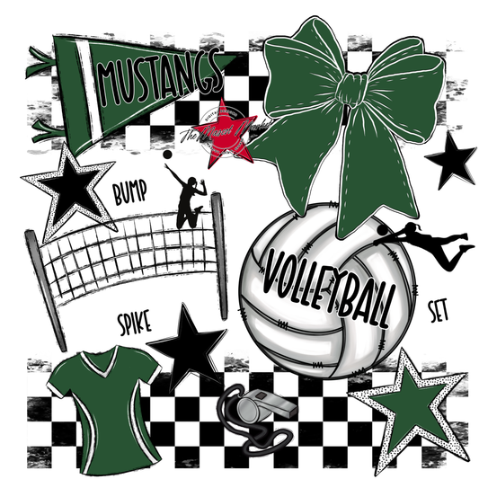 Mustangs Checkers Volleyball Spirit Design-Green