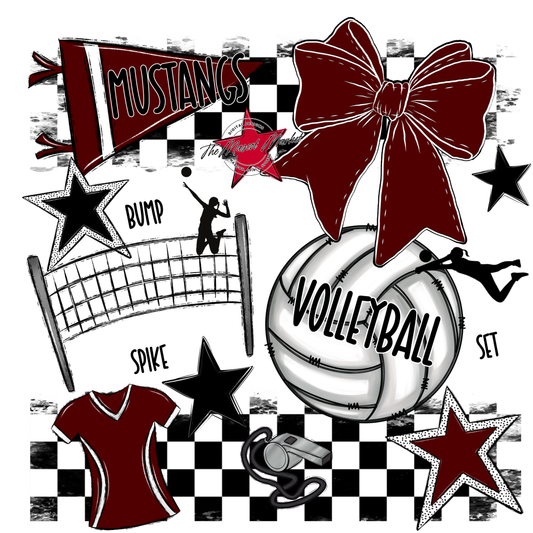 Mustangs Checkers Volleyball Spirit Design-Maroon
