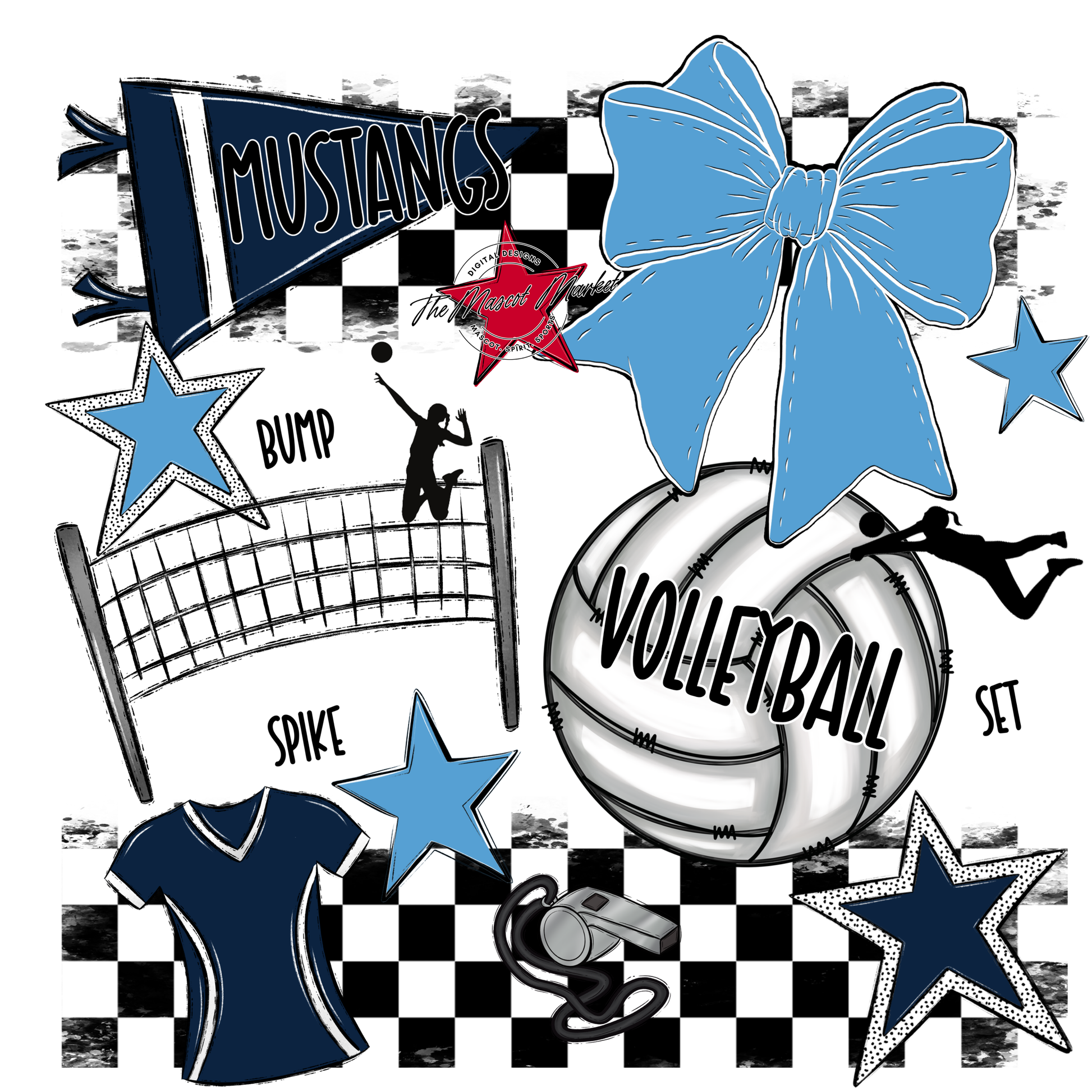 Mustangs Checkers Volleyball Spirit Design-Navy-Carolina Blue