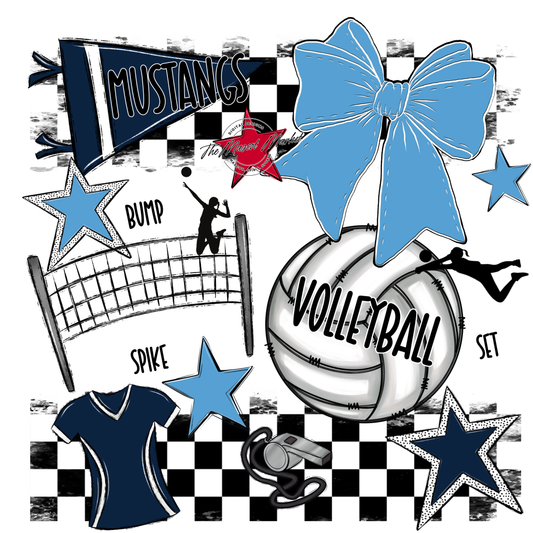 Mustangs Checkers Volleyball Spirit Design-Navy-Carolina Blue