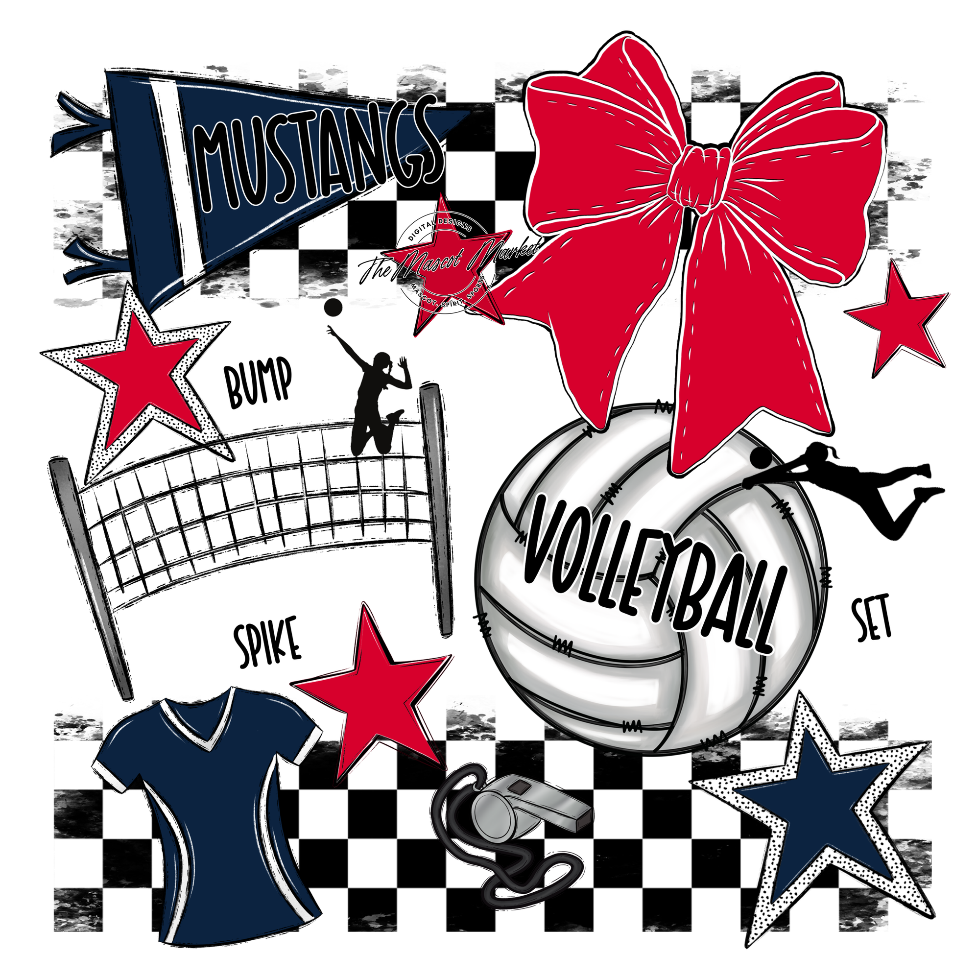 Mustangs Checkers Volleyball Spirit Design-Navy-Red