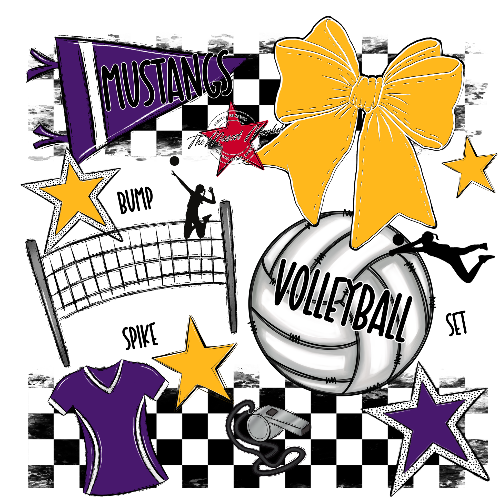 Mustangs Checkers Volleyball Spirit Design-Purple-Yellow