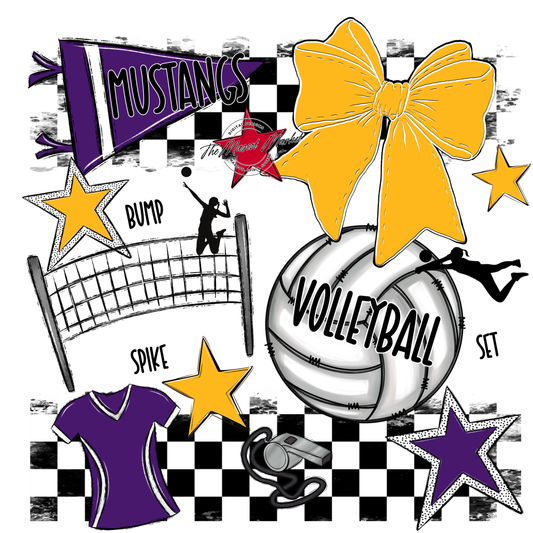 Mustangs Checkers Volleyball Spirit Design-Purple-Yellow