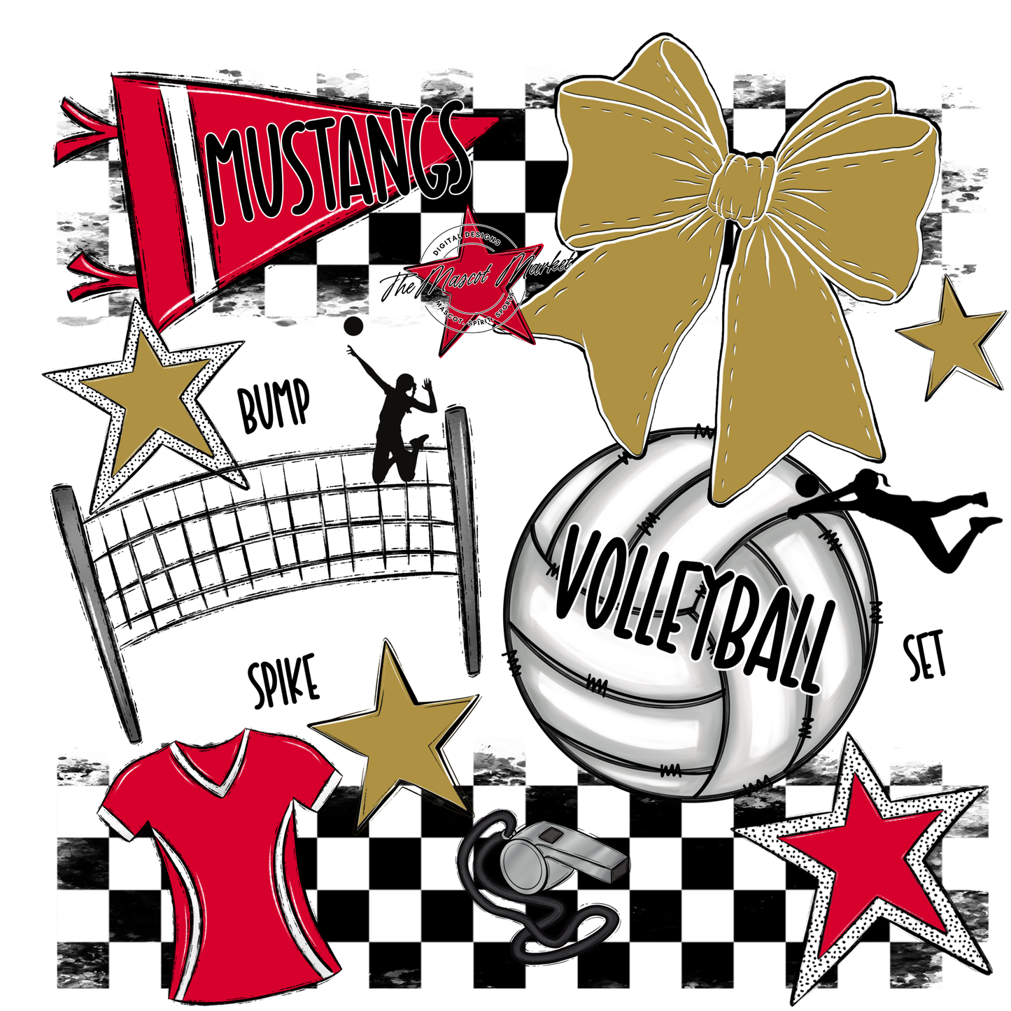 Mustangs Checkers Volleyball Spirit Design-Red-Gold