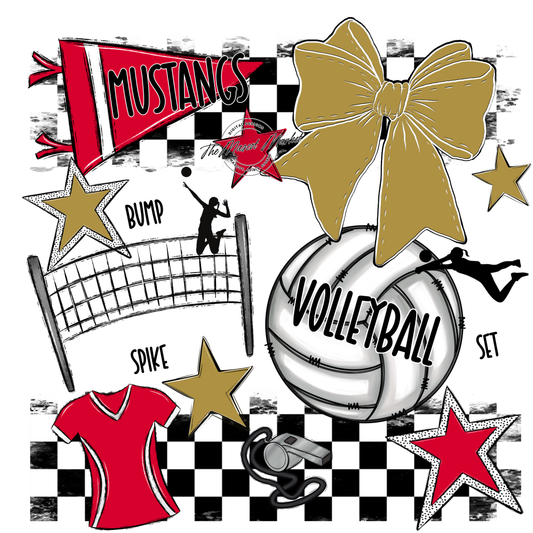Mustangs Checkers Volleyball Spirit Design-Red-Gold