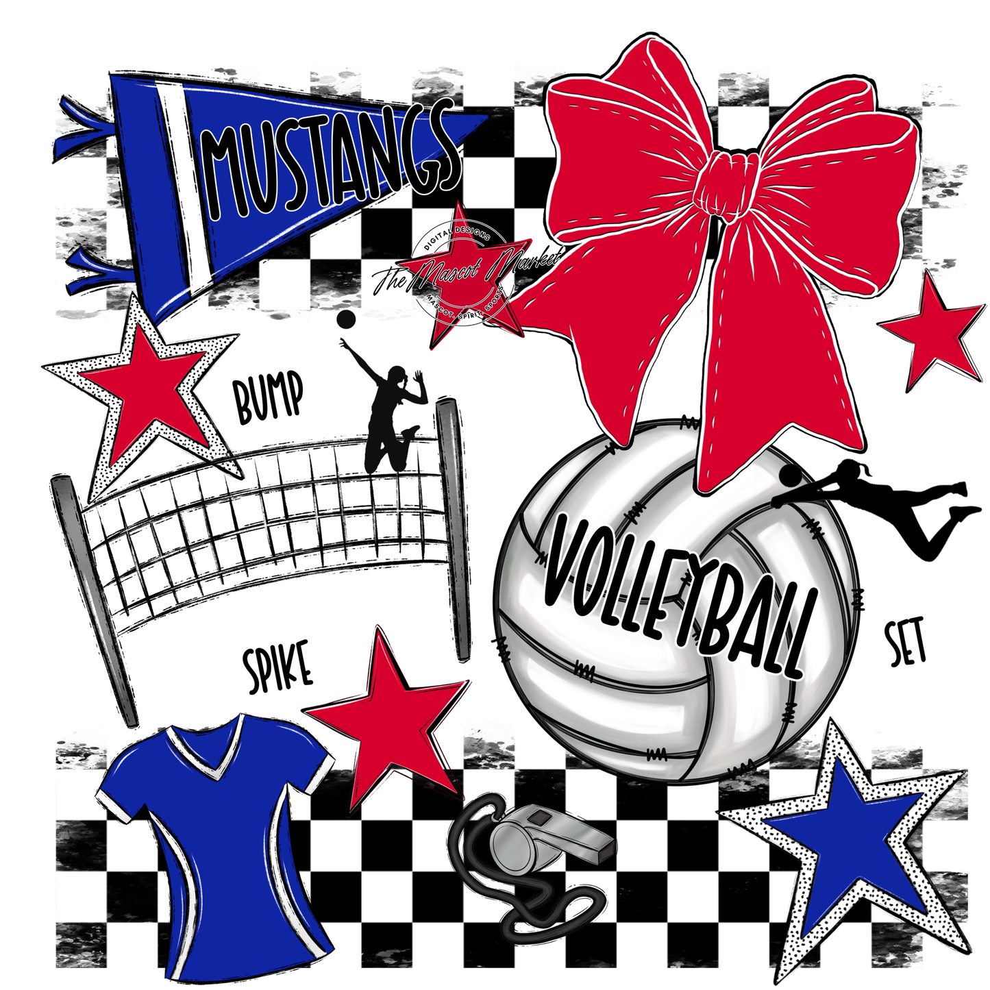 Mustangs Checkers Volleyball Spirit Design-Royal Blue-Red