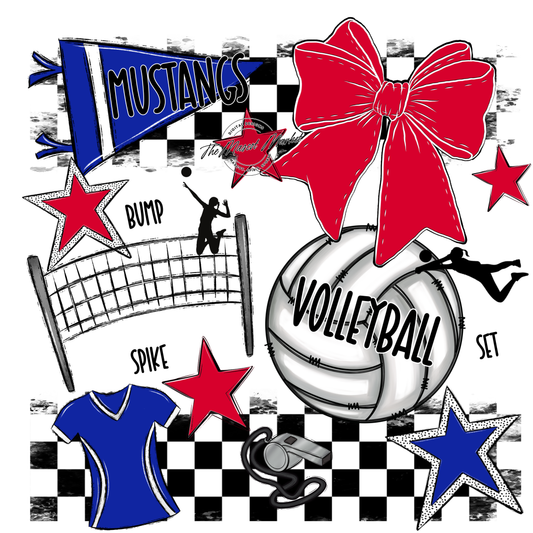 Mustangs Checkers Volleyball Spirit Design-Royal Blue-Red