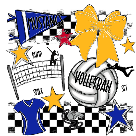 Mustangs Checkers Volleyball Spirit Design-Royal Blue-Yellow