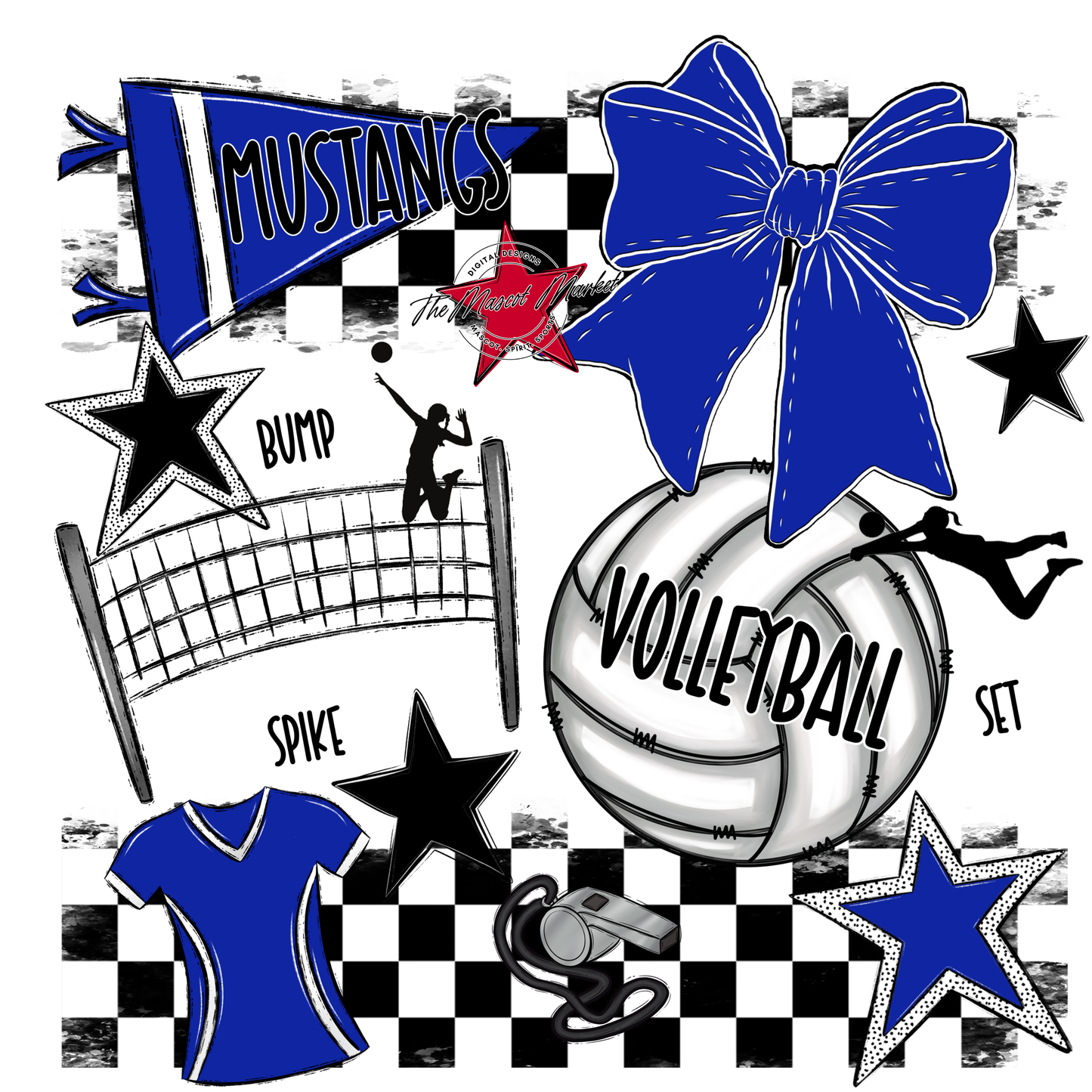 Mustangs Checkers Volleyball Spirit Design-Royal Blue