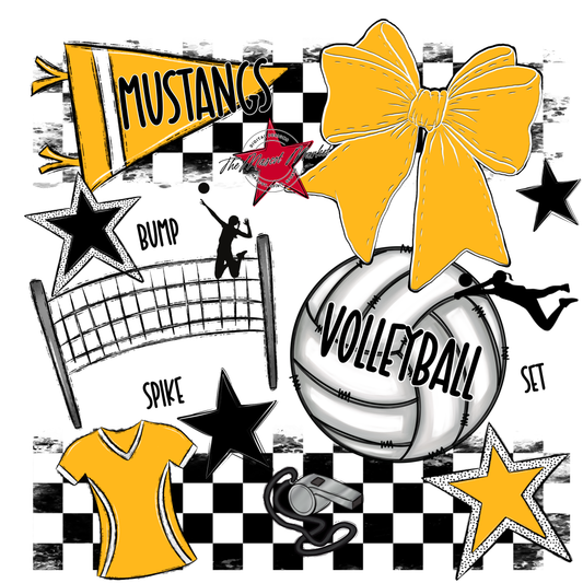 Mustangs Checkers Volleyball Spirit Design-Yellow