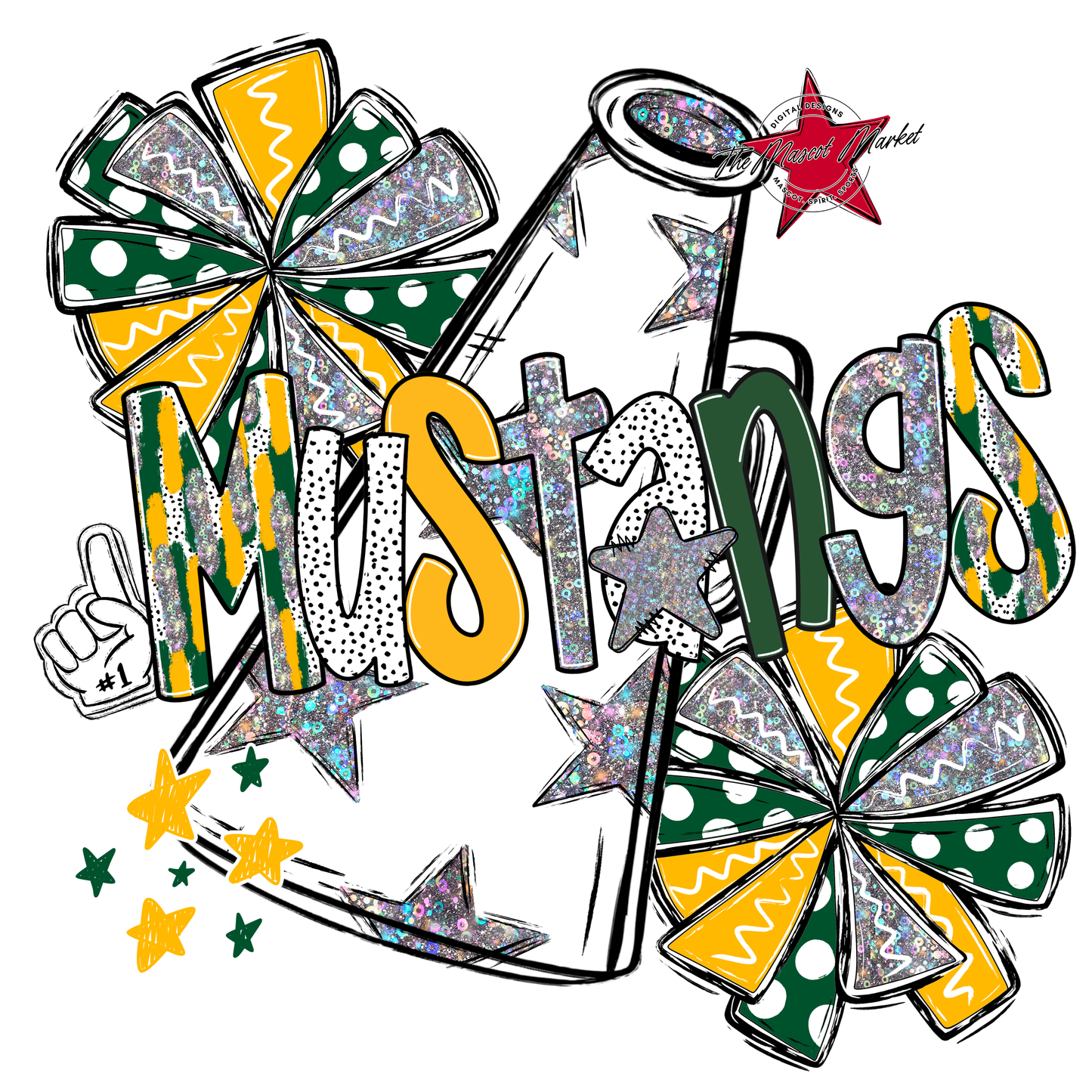 Mustangs Cheer Megaphone Scrape-Green-Yellow