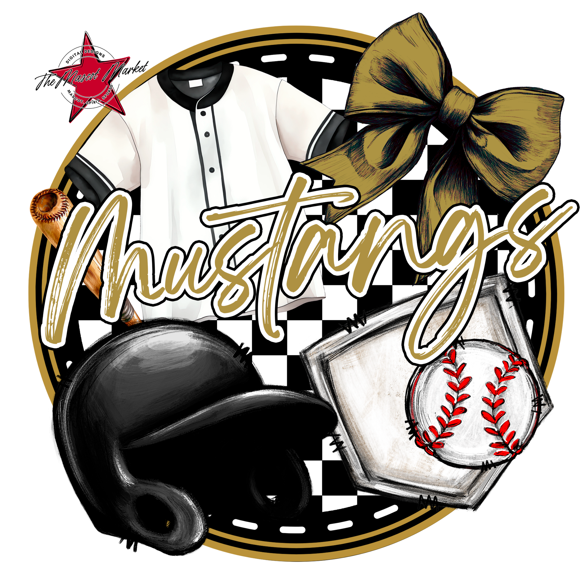 Mustangs Circle Baseball Design-Gold