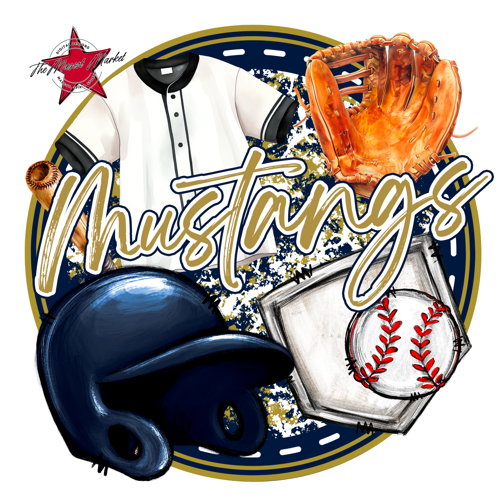Mustangs Circle Baseball Design-Navy-Gold