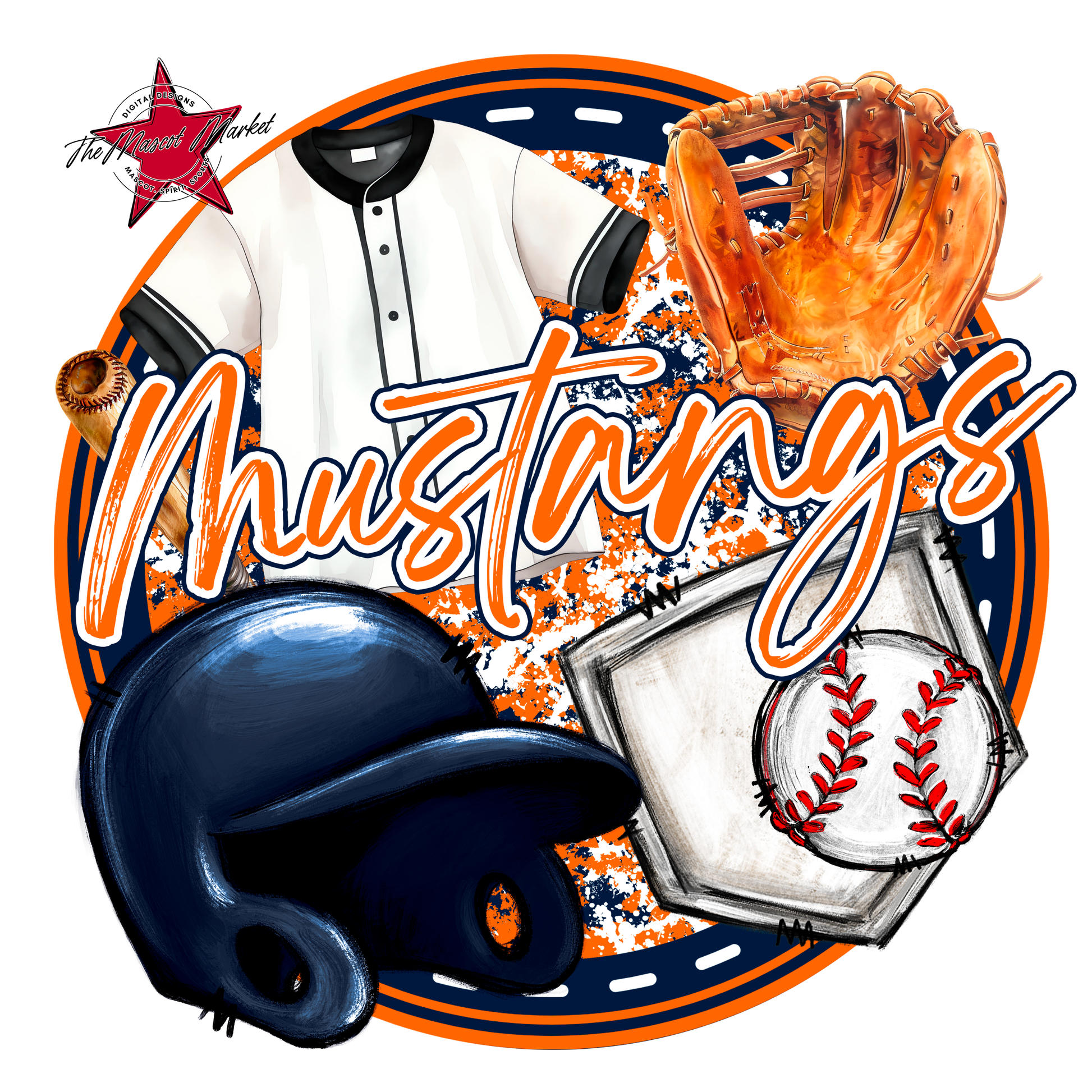 Mustangs Circle Baseball Design-Navy-Orange