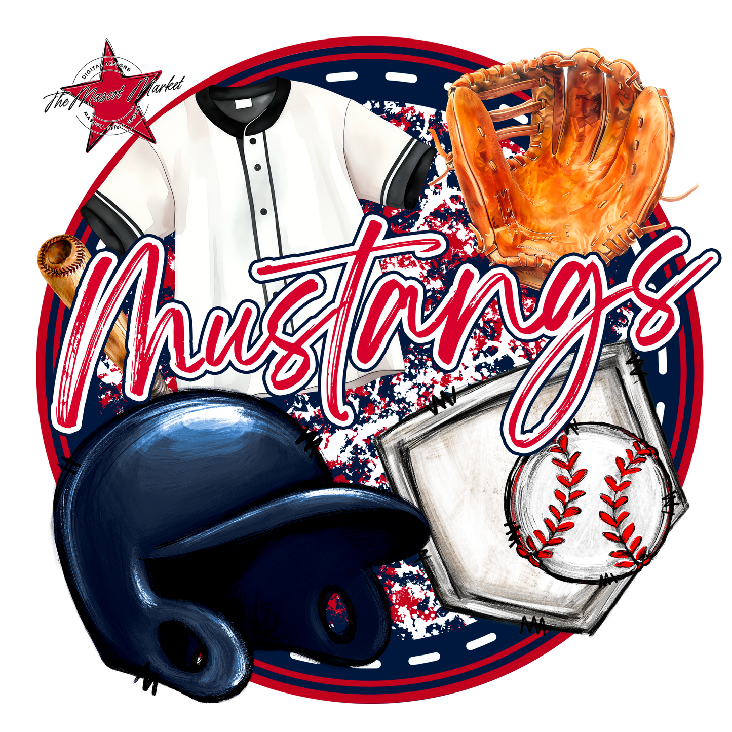 Mustangs Circle Baseball Design-Navy-Red
