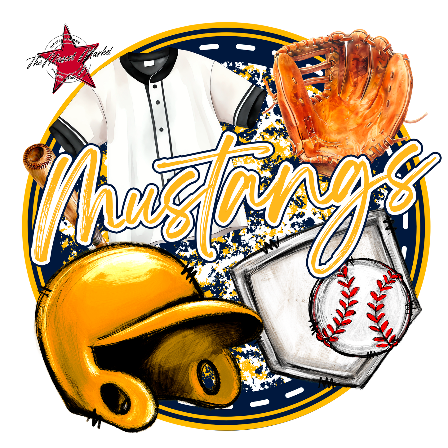 Mustangs Circle Baseball Design-Navy-Yellow