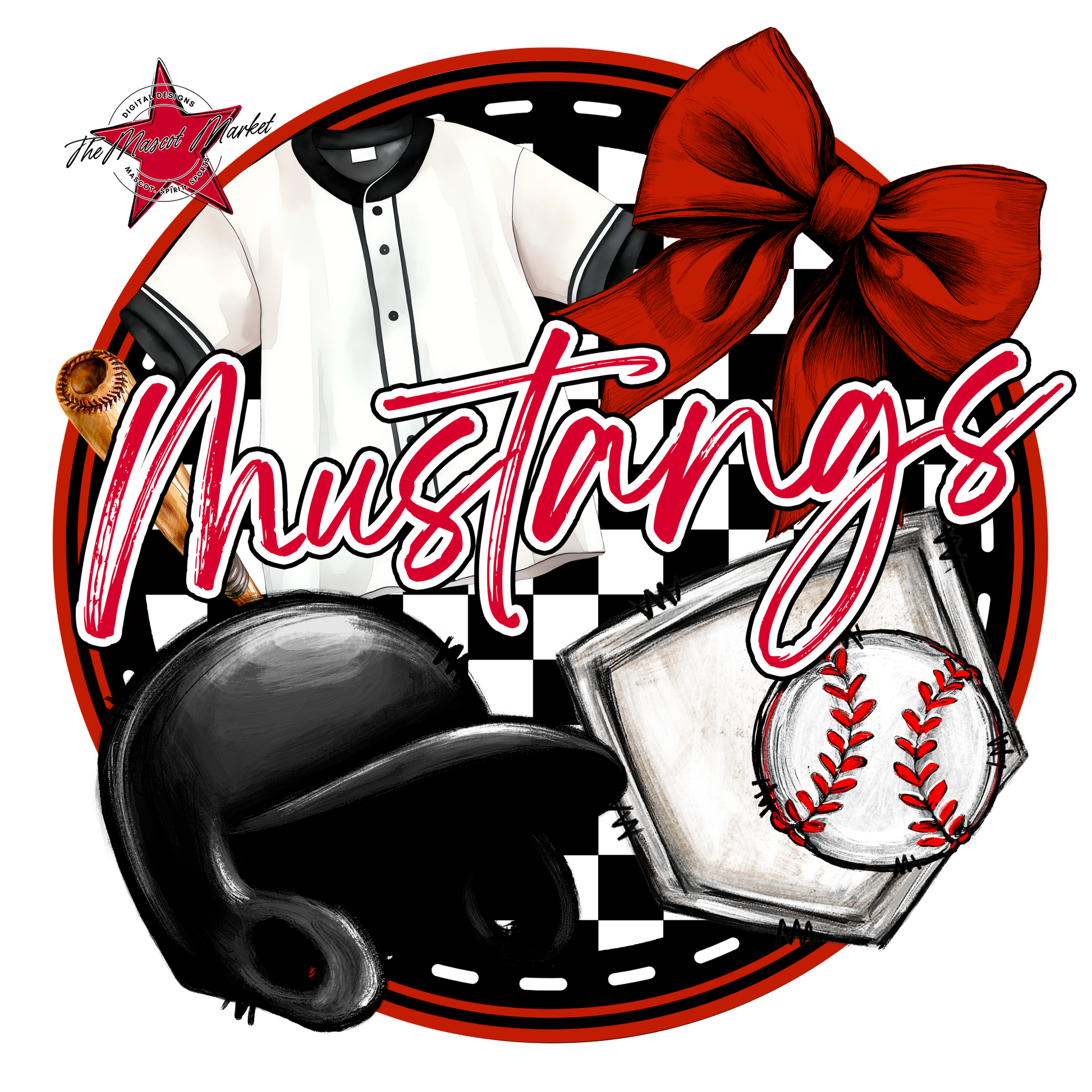 Mustangs Circle Baseball Design-Red