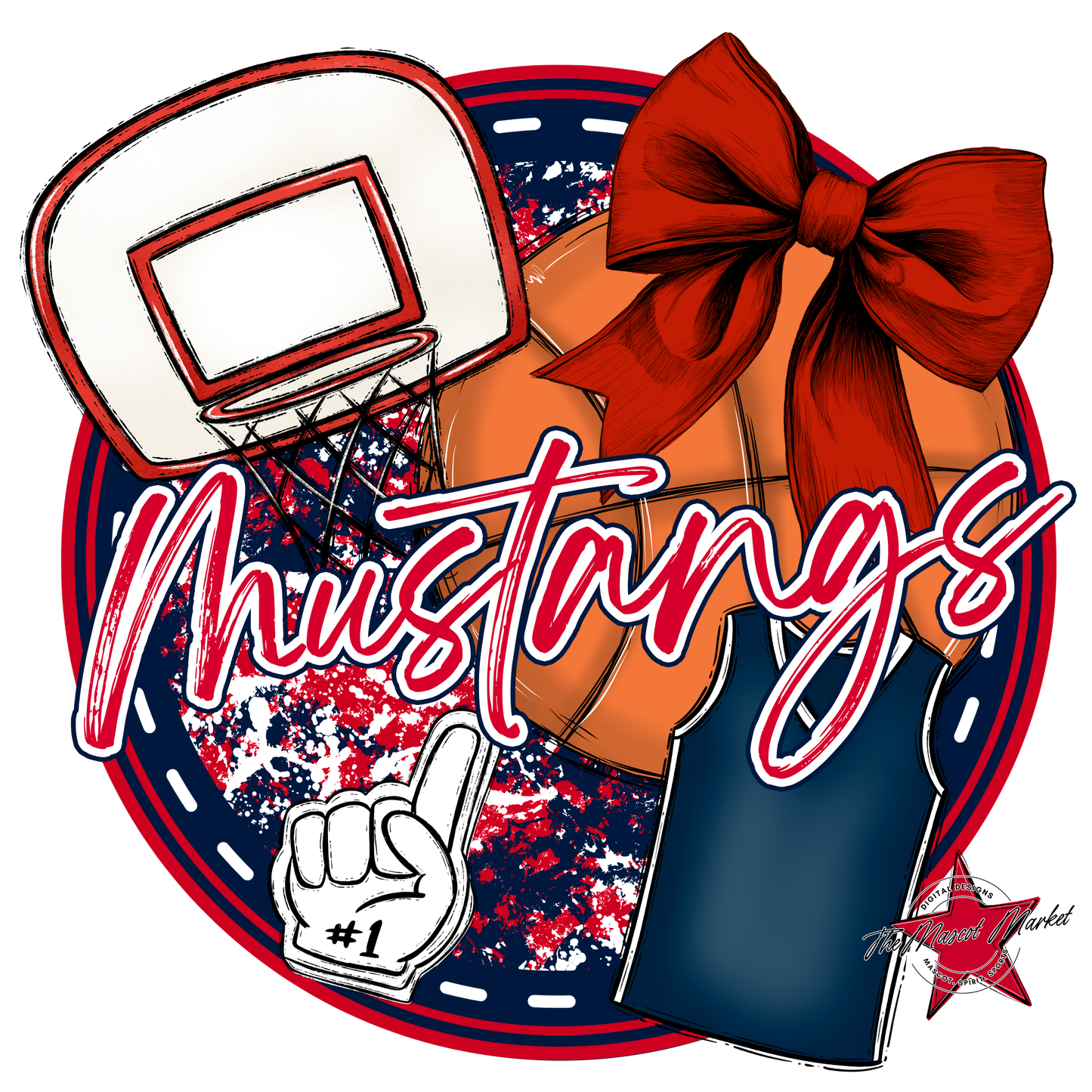 Mustangs Circle Basketball Design-Navy-Red