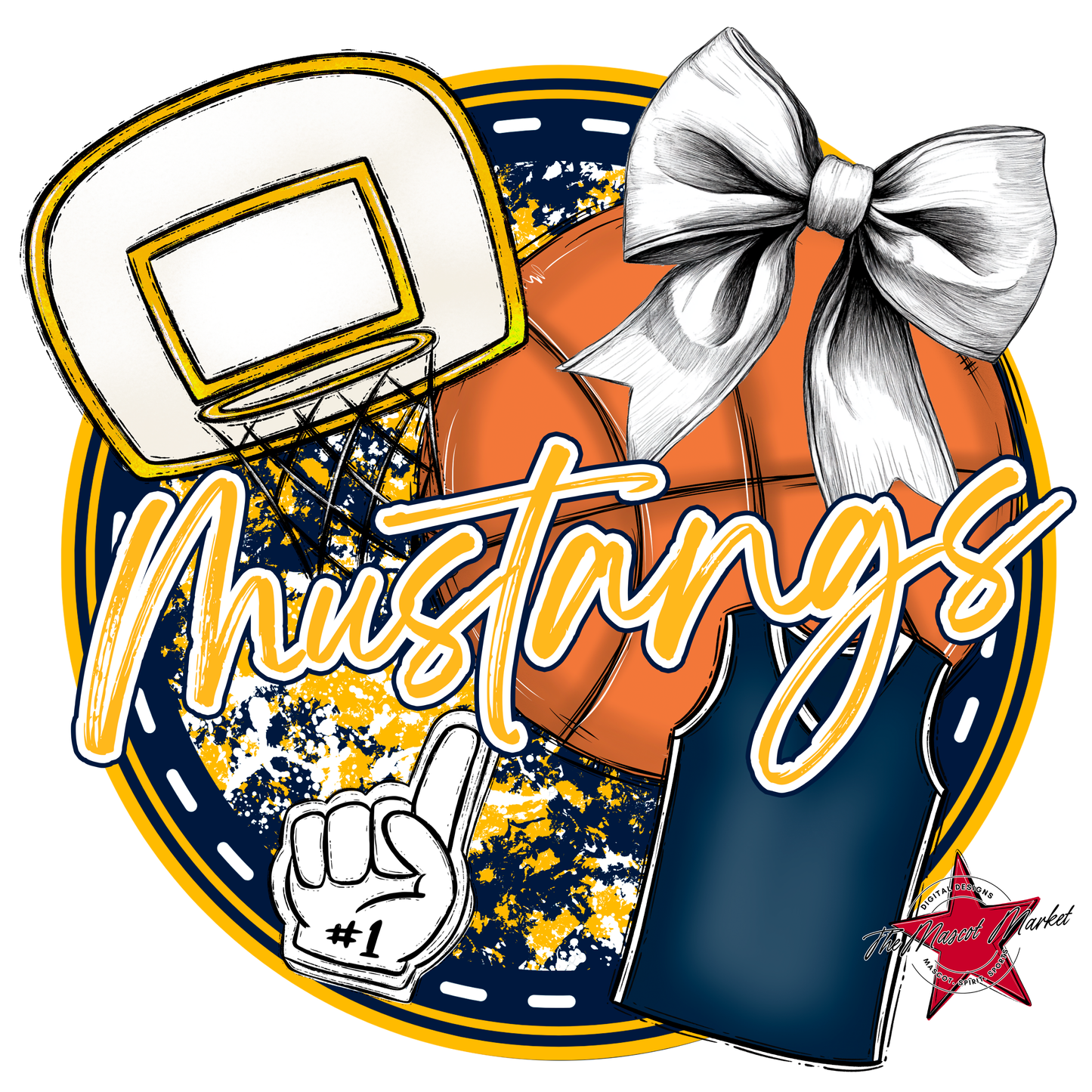 Mustangs Circle Basketball Design-Navy-Yellow