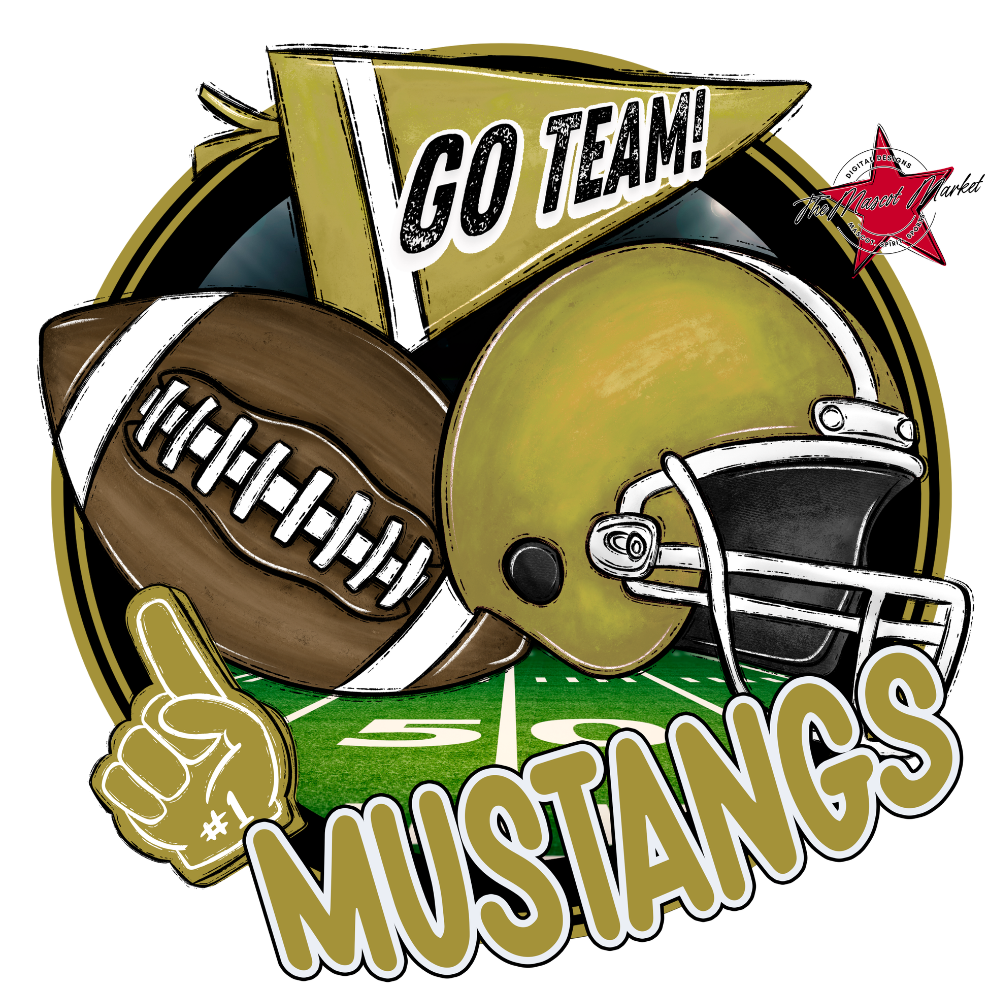 Mustangs Circle Football Design-Gold