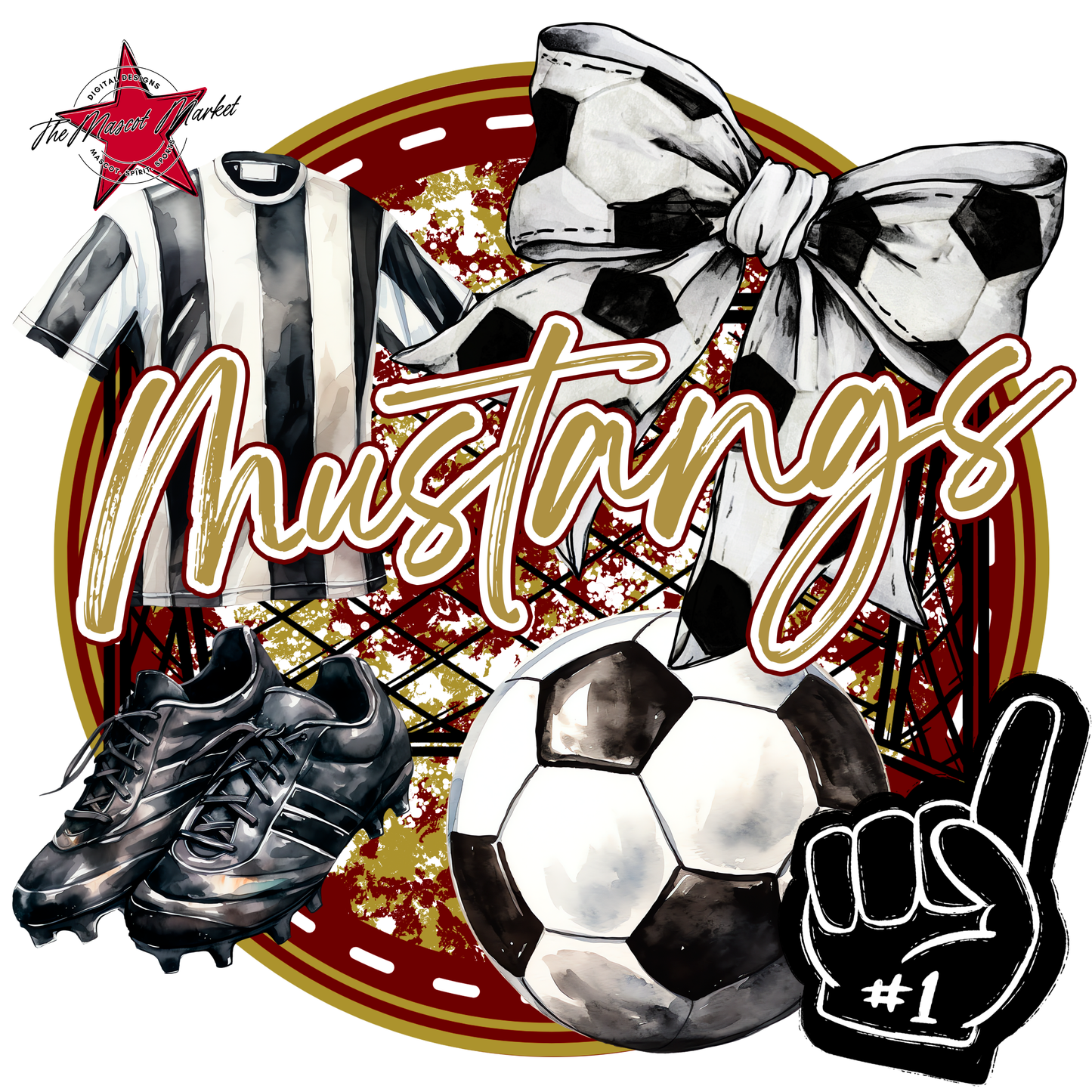 Mustangs Circle Soccer Design-Maroon-Gold