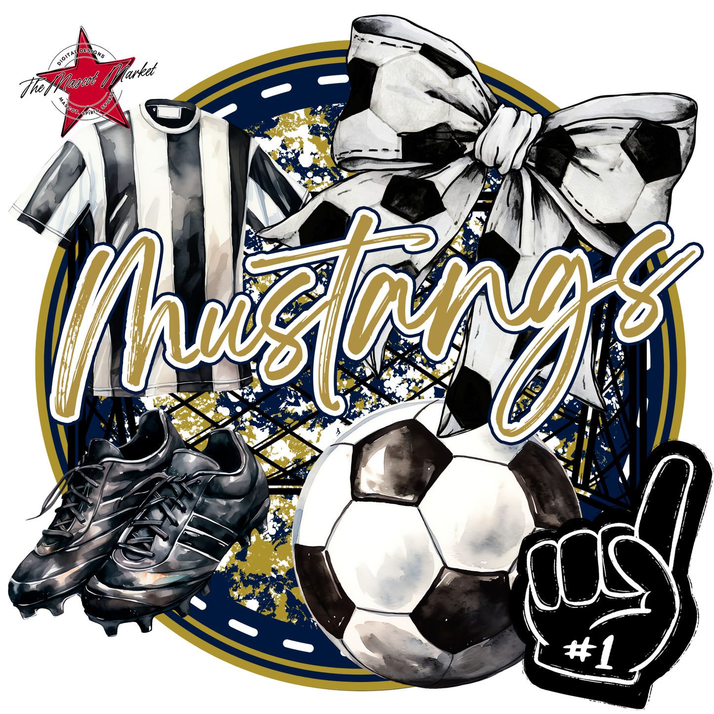 Mustangs Circle Soccer Design-Navy-Gold