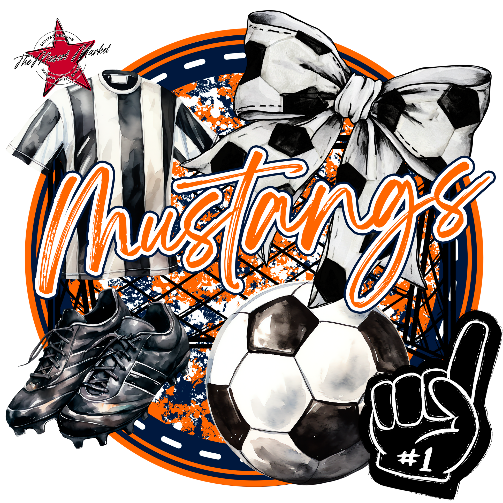 Mustangs Circle Soccer Design-Navy-Orange