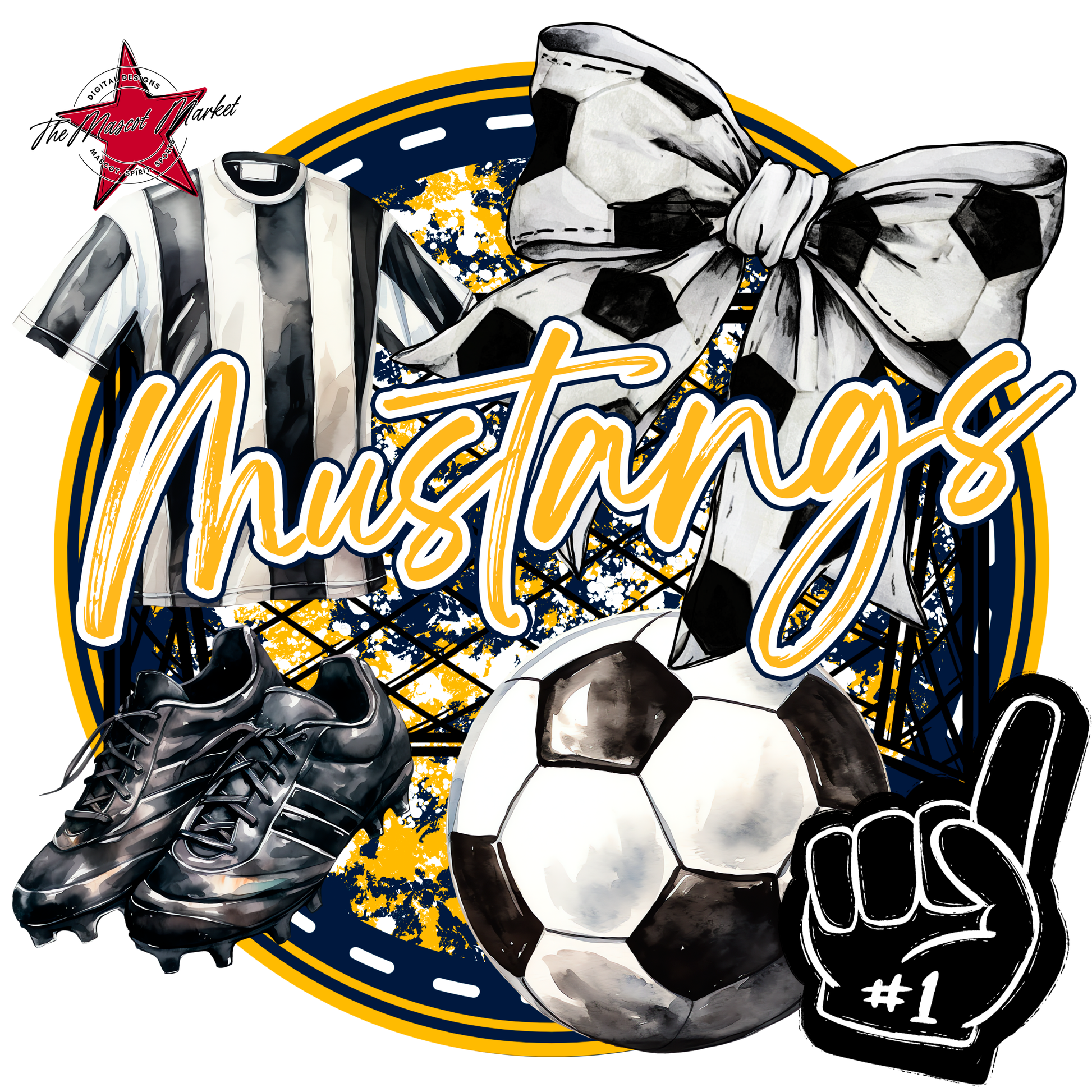 Mustangs Circle Soccer Design-Navy-Yellow