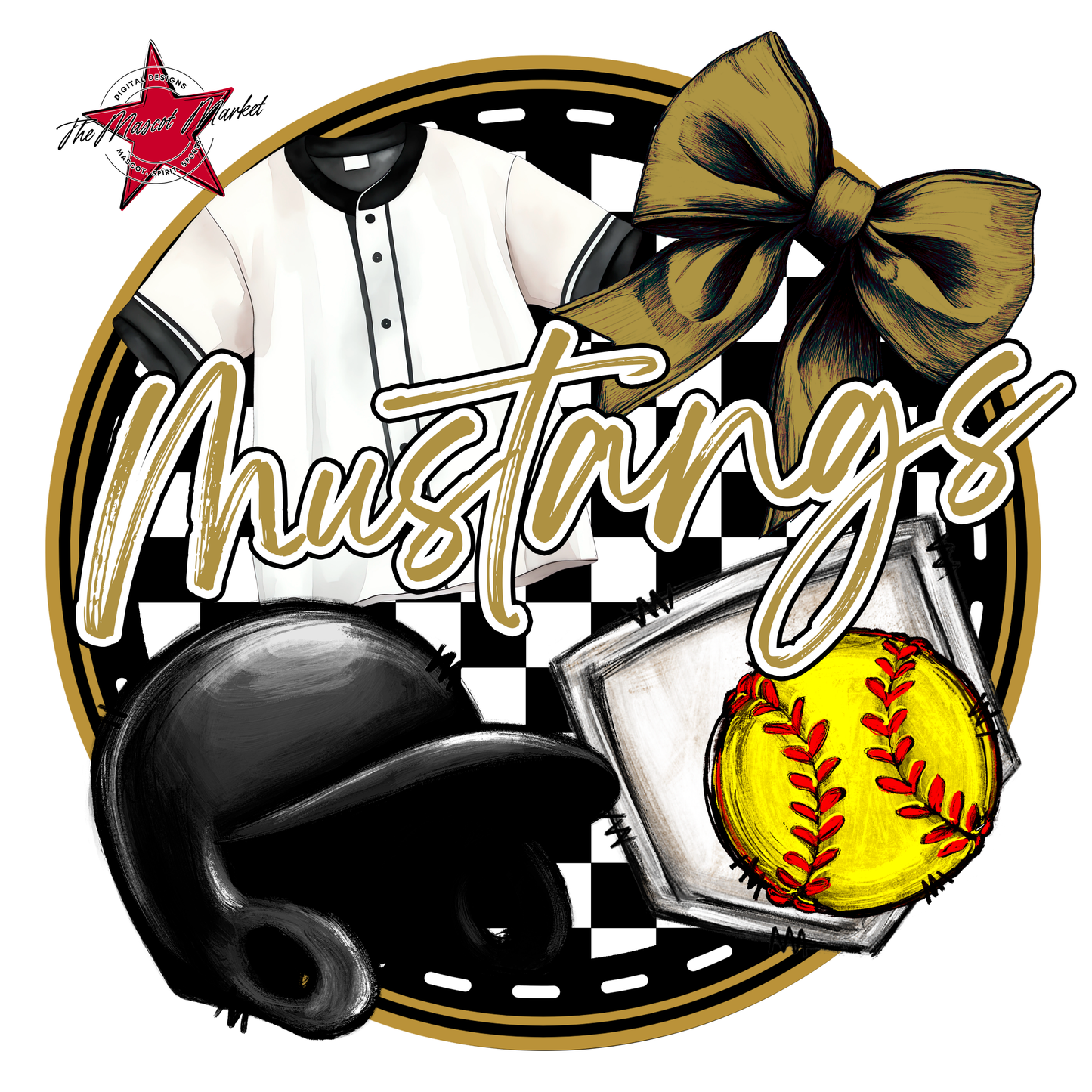 Mustangs Circle Softball Design-Gold