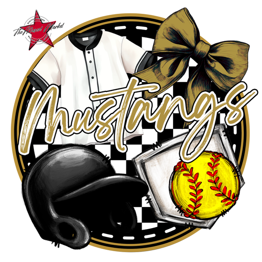 Mustangs Circle Softball Design-Gold