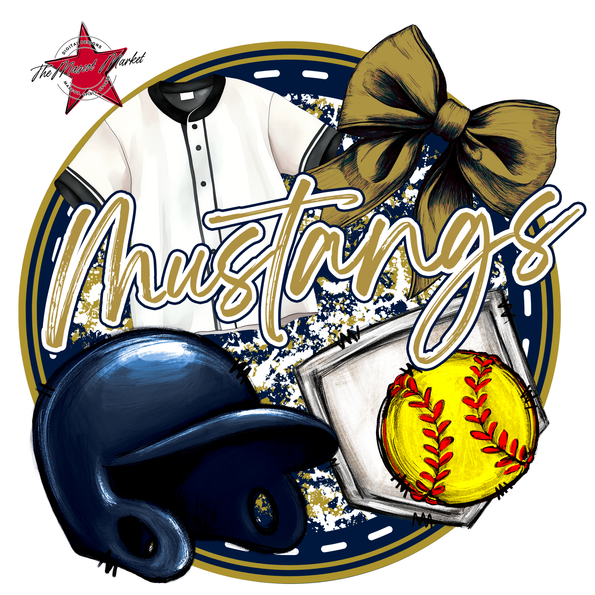 Mustangs Circle Softball Design-Navy-Gold