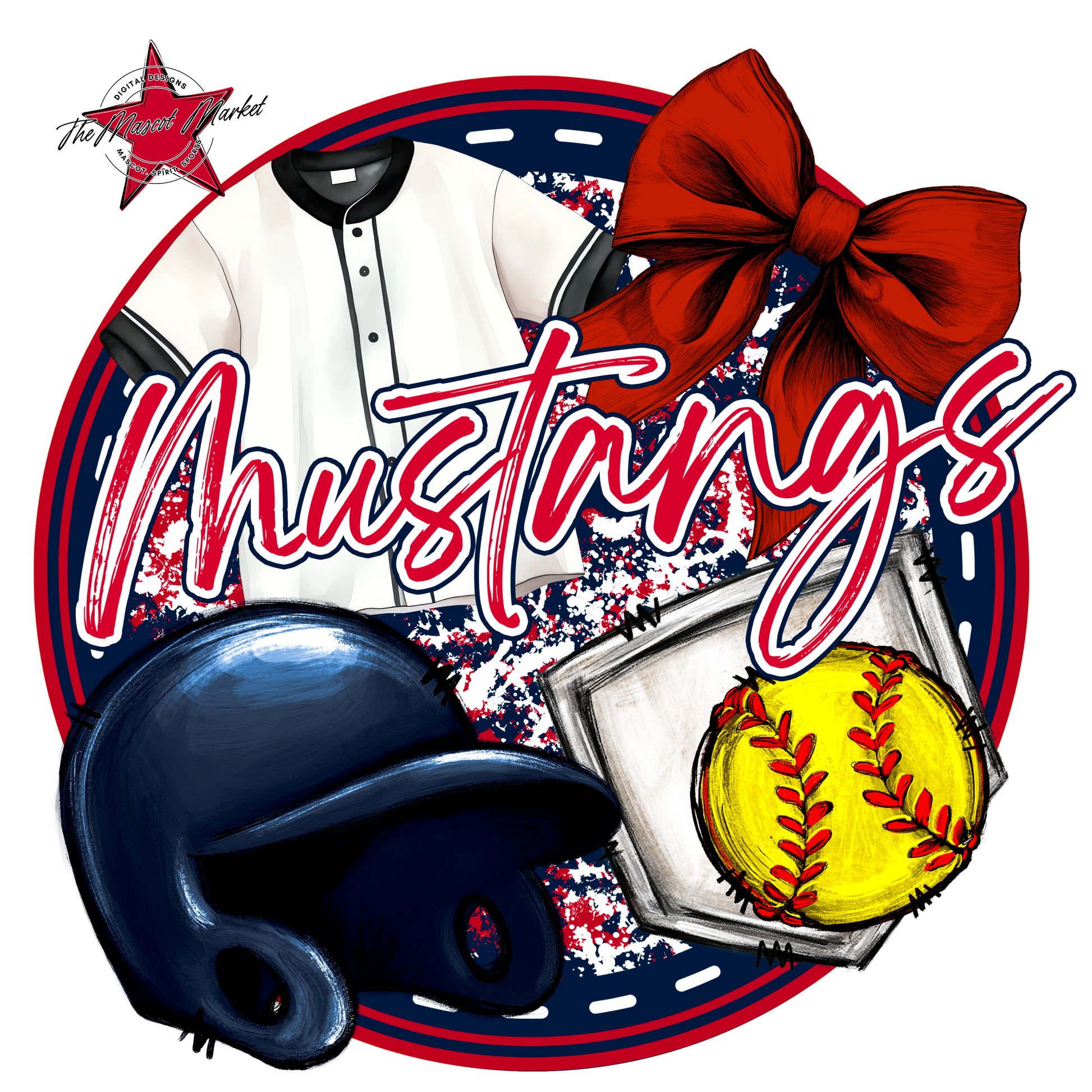 Mustangs Circle Softball Design-Navy-Red