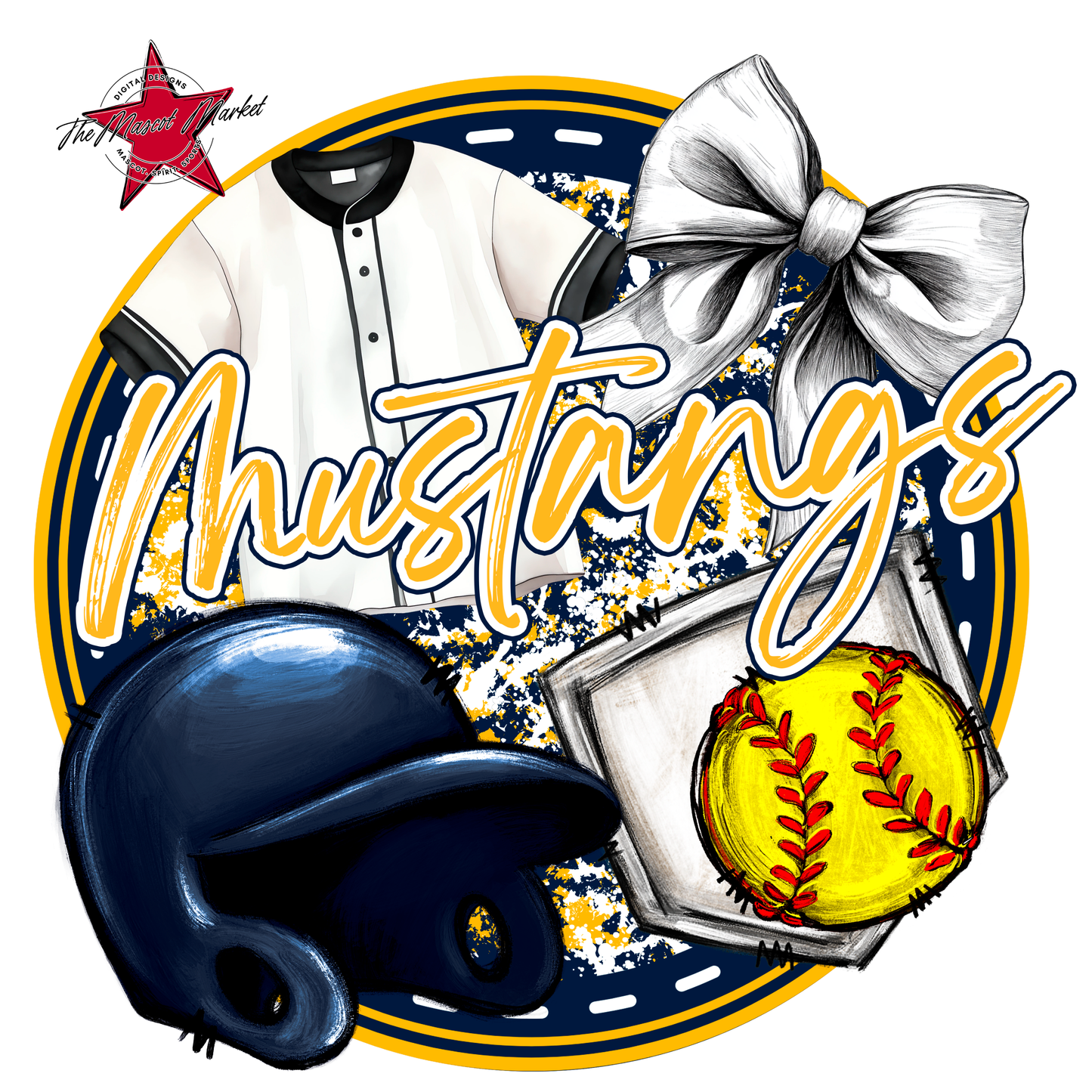 Mustangs Circle Softball Design-Navy-Yellow