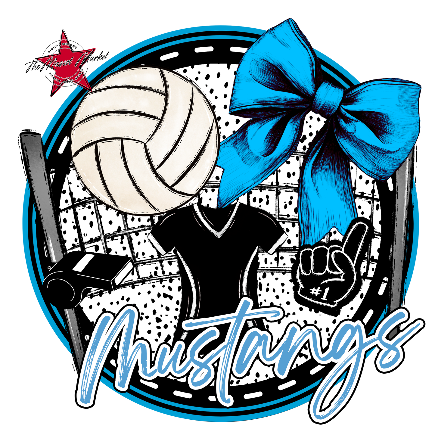 Mustangs Circle Volleyball Design-Carolina Blue