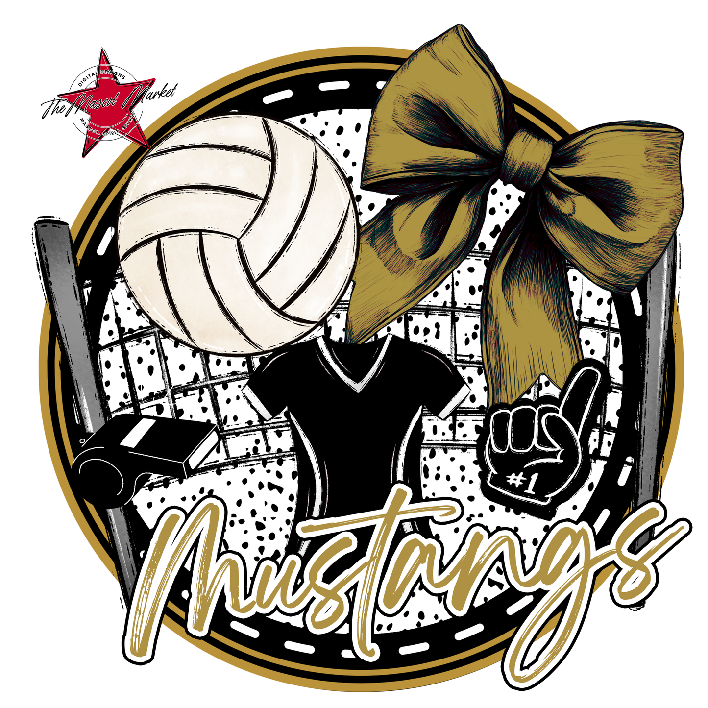 Mustangs Circle Volleyball Design-Gold