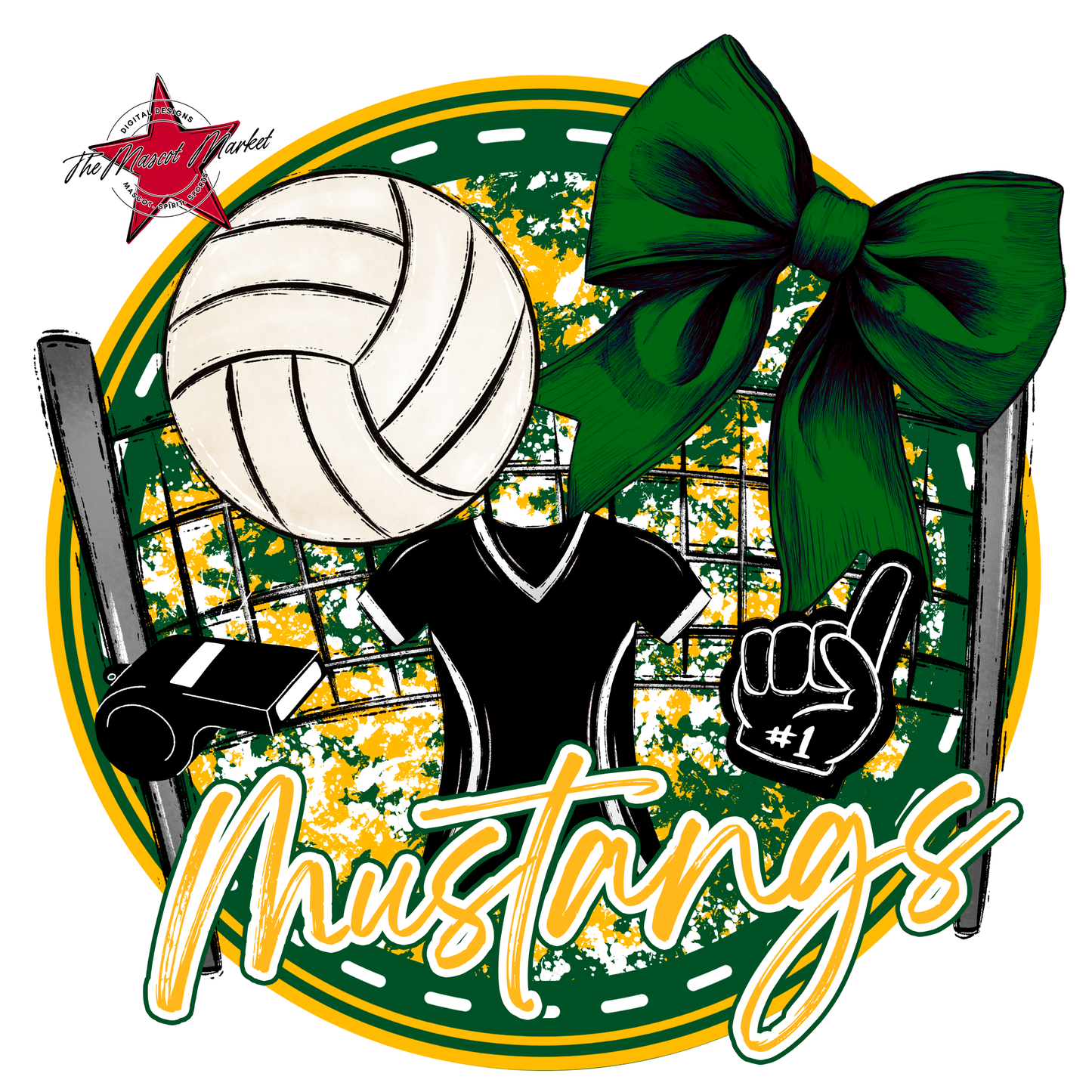 Mustangs Circle Volleyball Design-Green-Yellow