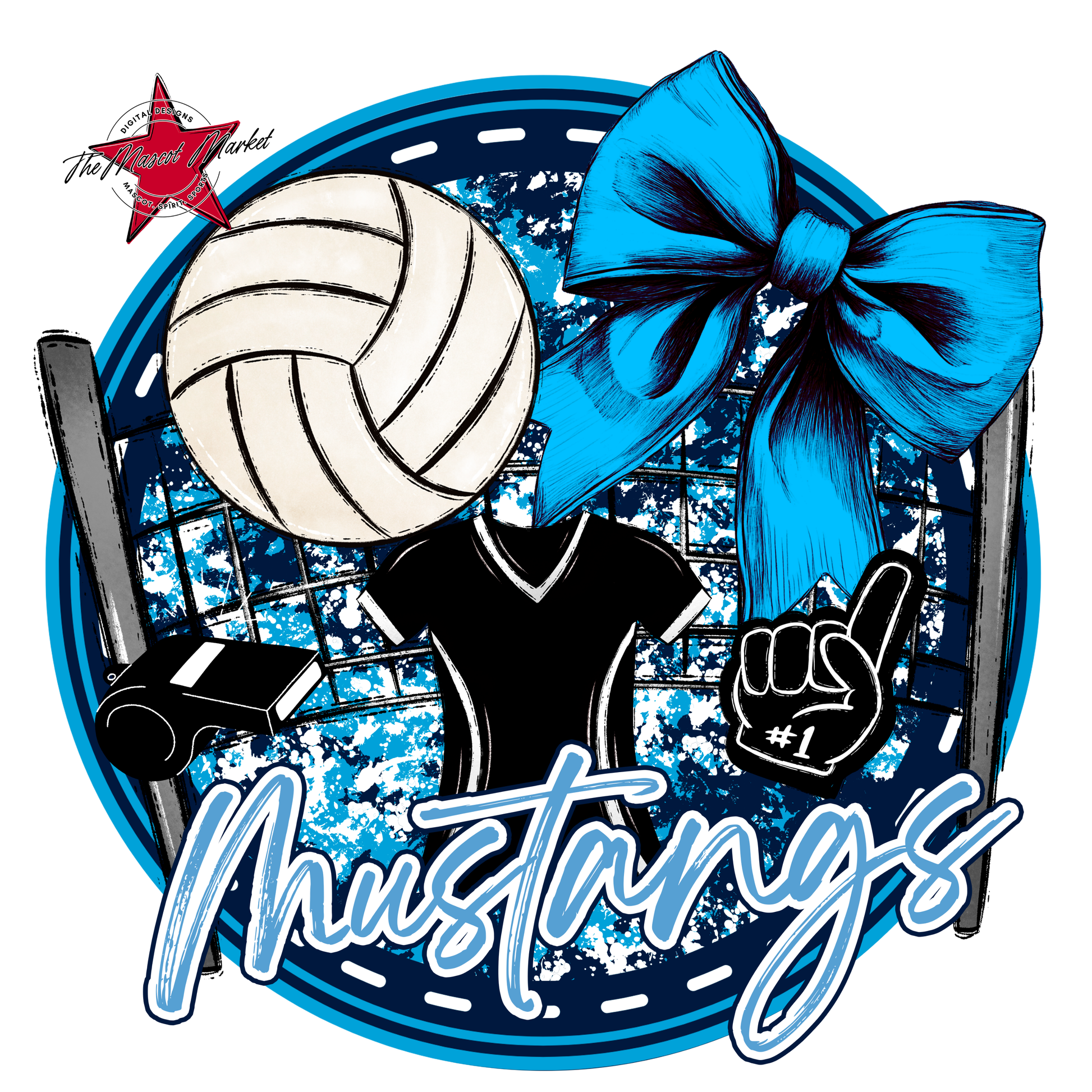 Mustangs Circle Volleyball Design-Navy-Carolina Blue