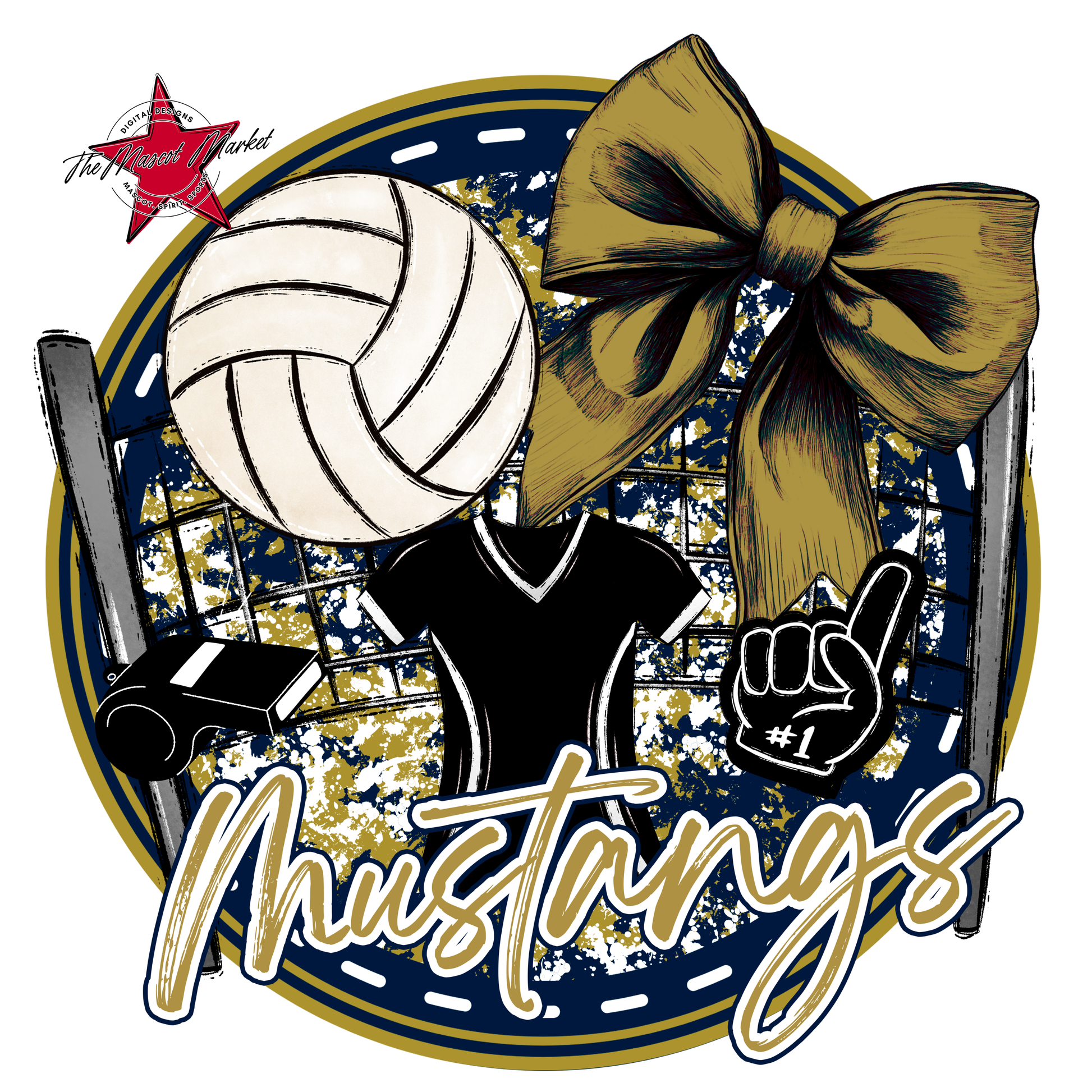 Mustangs Circle Volleyball Design-Navy-Gold