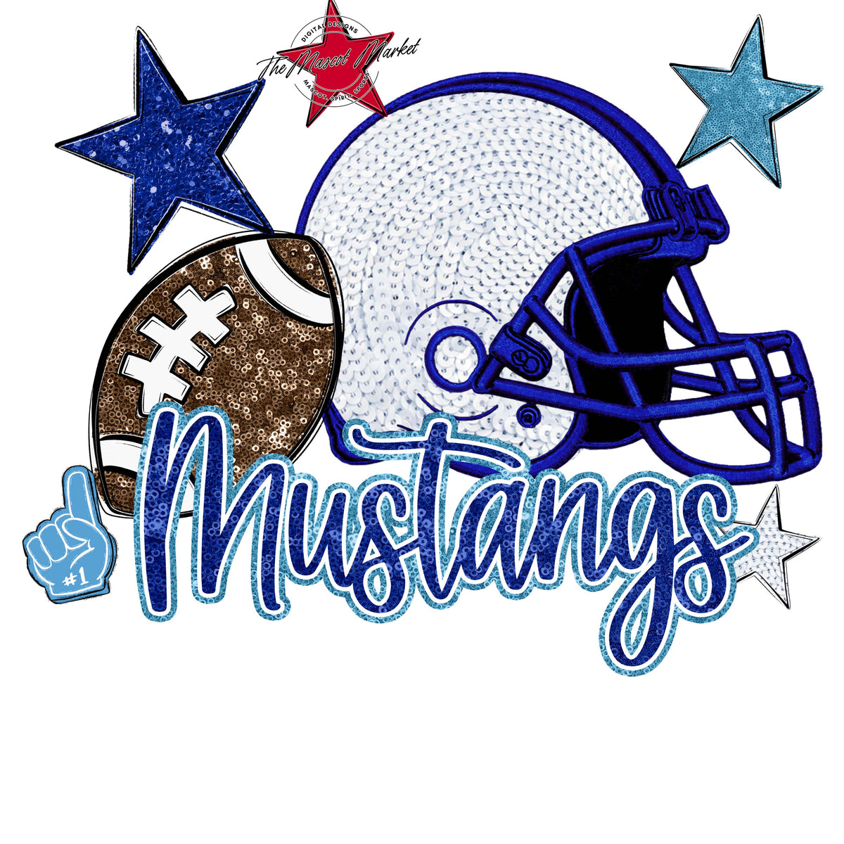 Mustangs Football Embroidered Sequins Design-Blue & Carolina Blue