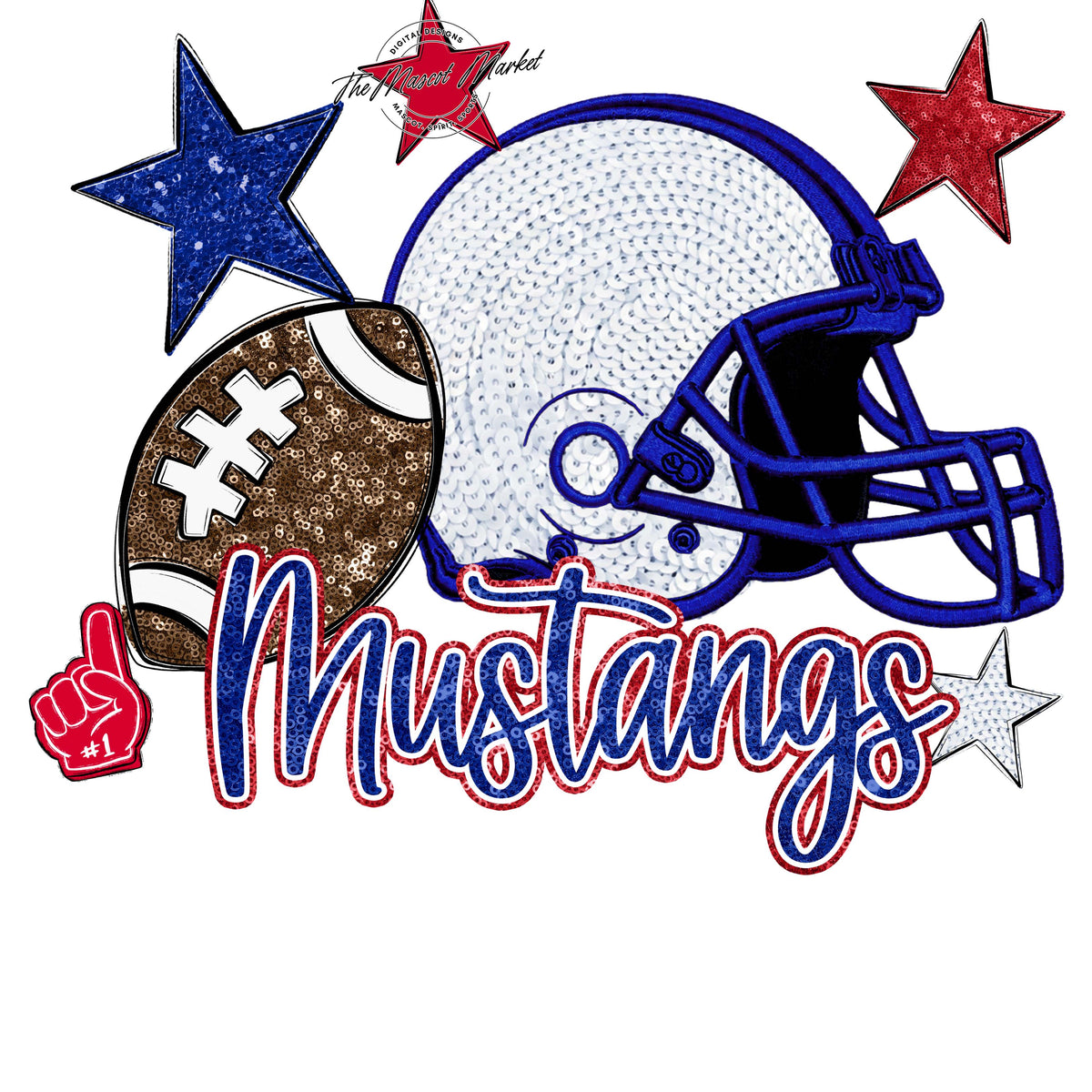 Mustangs Football Embroidered Sequins Design-Blue & Red