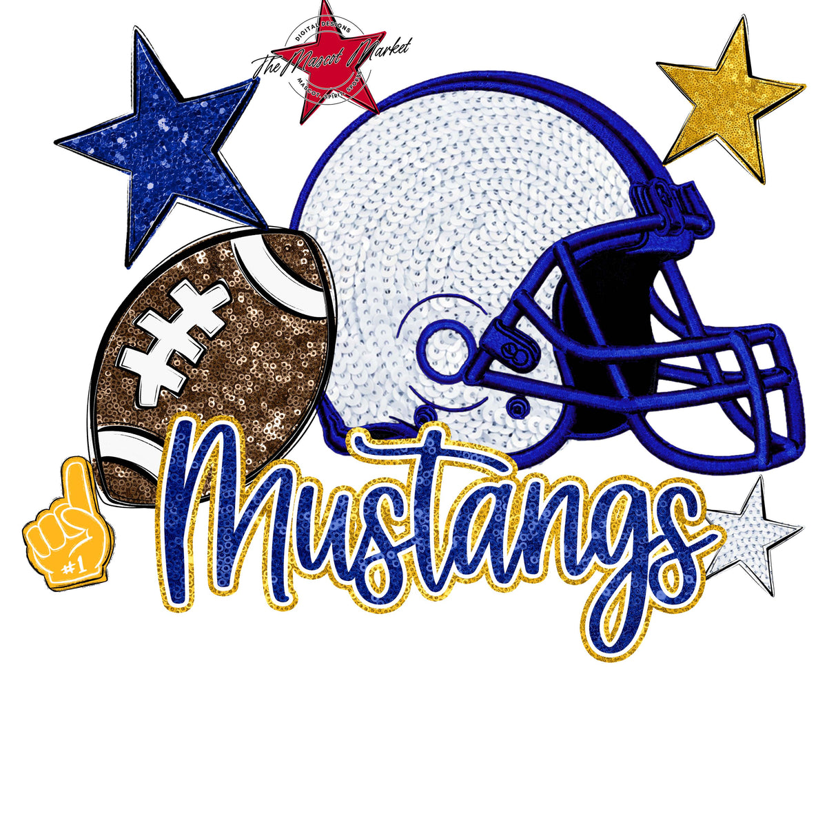 Mustangs Football Embroidered Sequins Design-Blue & Yellow