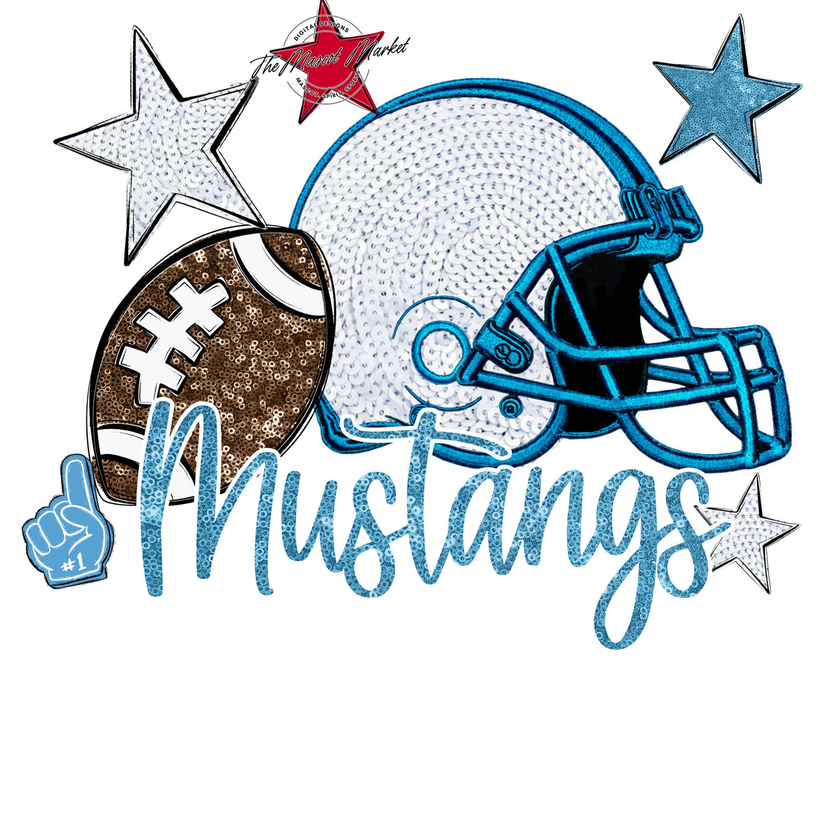 Mustangs Football Embroidered Sequins Design-Carolina Blue