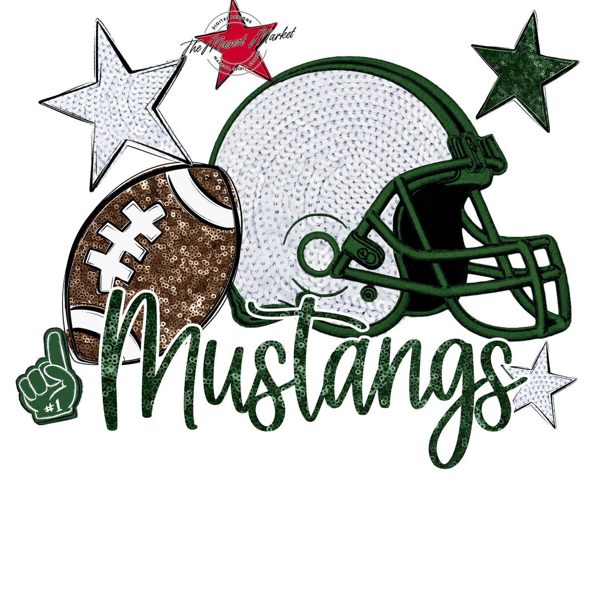 Mustangs Football Embroidered Sequins Design-Green