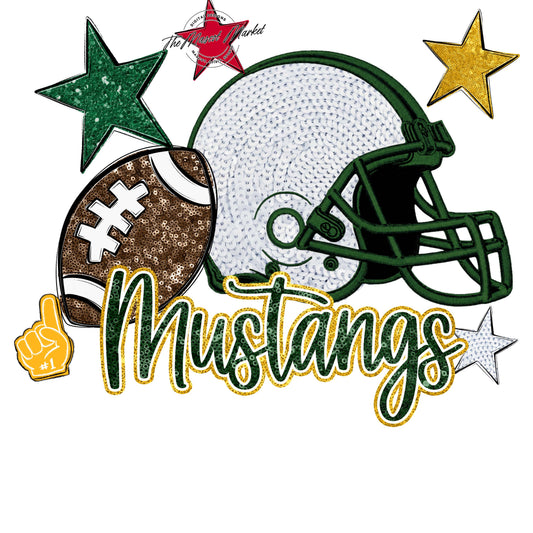 Mustangs Football Embroidered Sequins Design-Green & Yellow