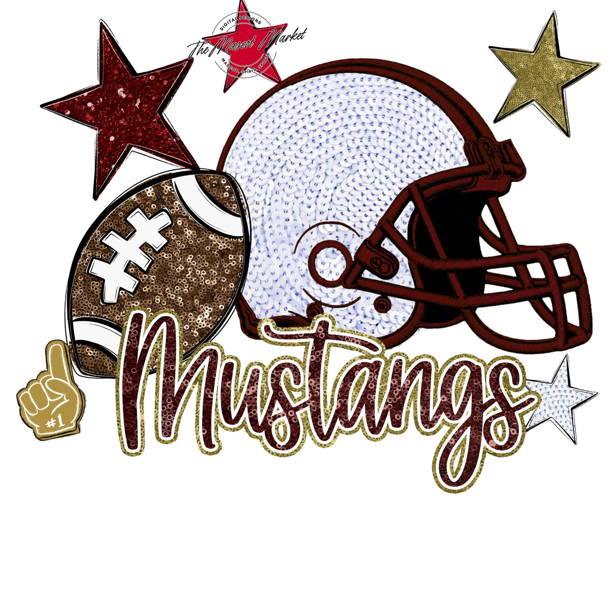 Mustangs Football Embroidered Sequins Design-Maroon & Gold