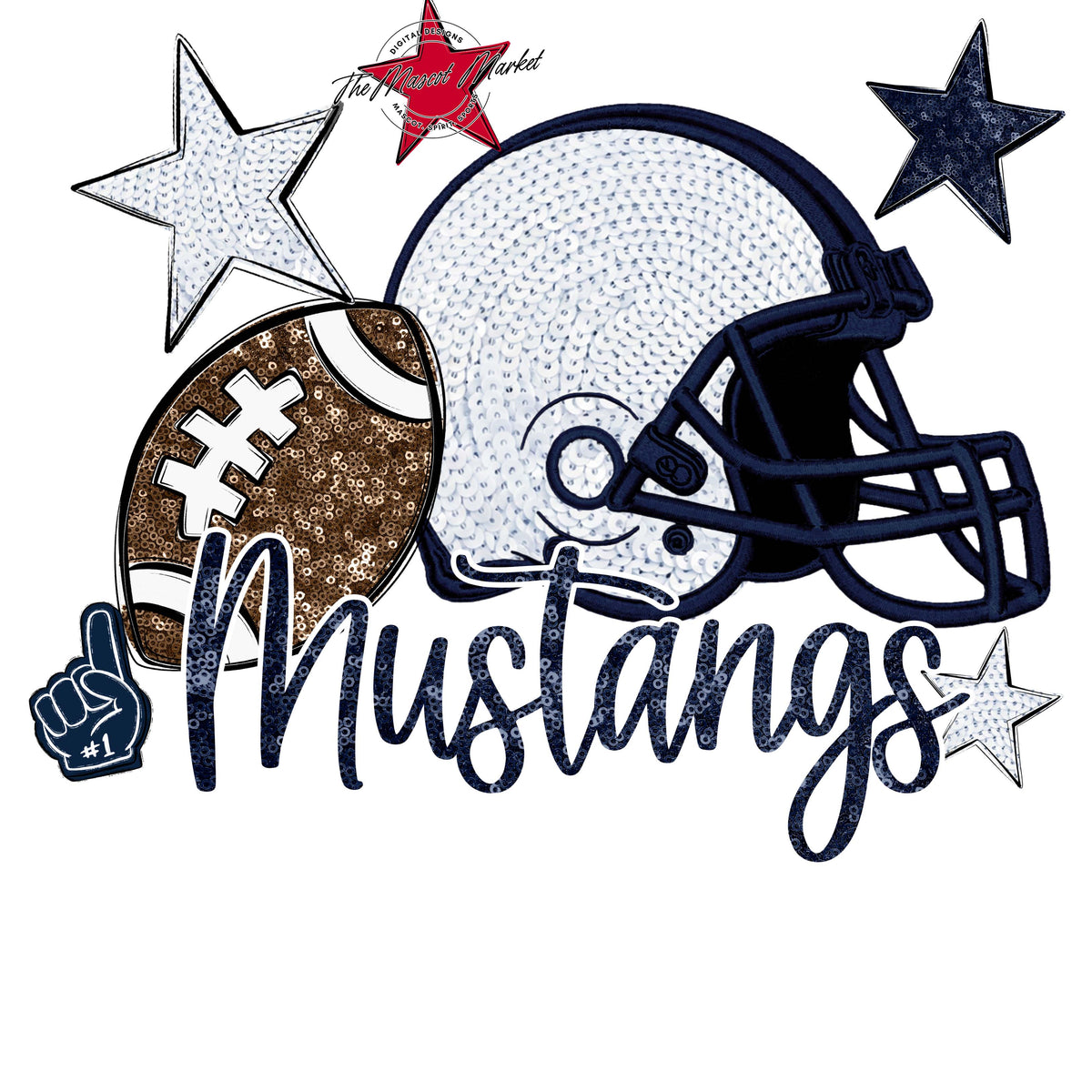 Mustangs Football Embroidered Sequins Design-Navy