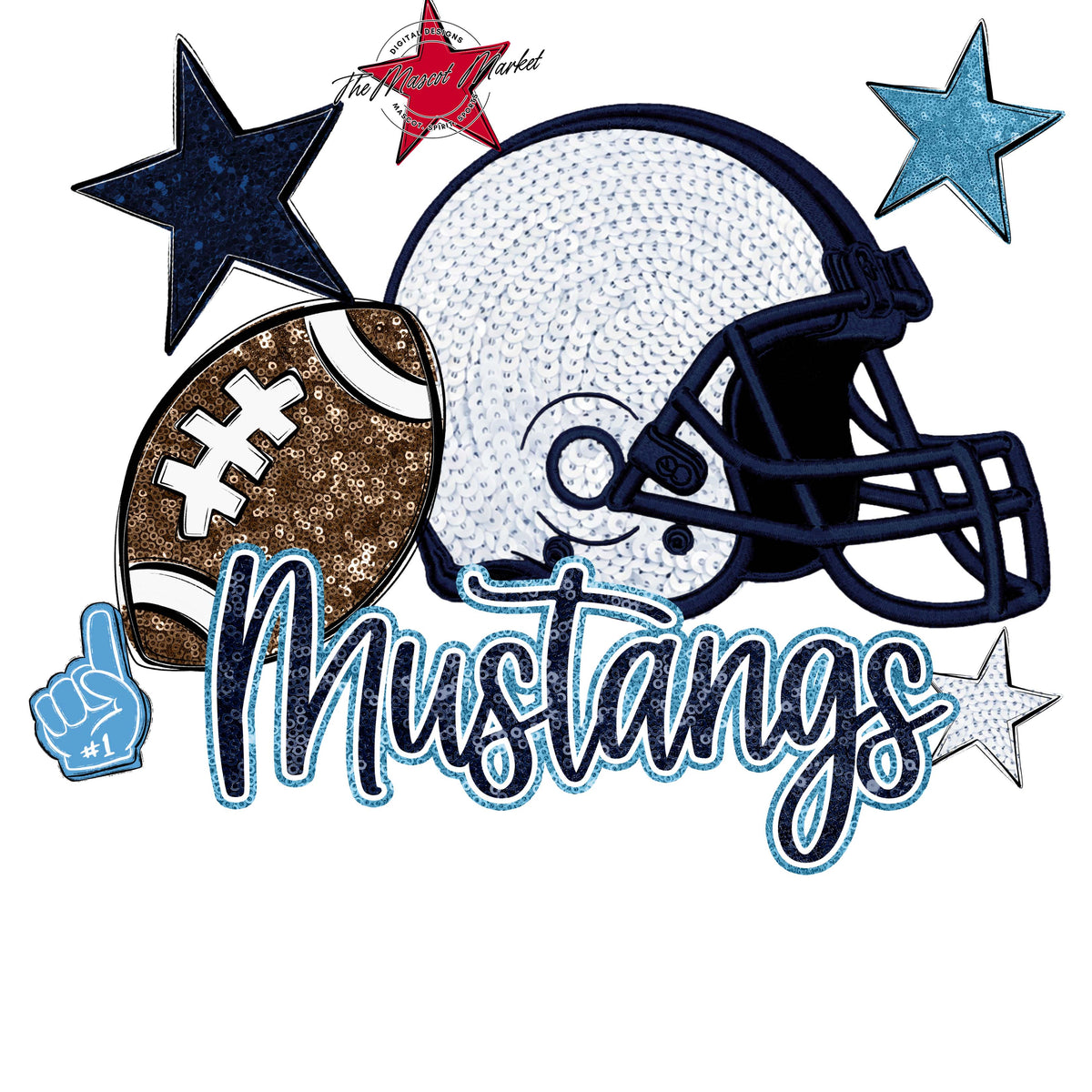 Mustangs Football Embroidered Sequins Design-Navy & Carolina Blue