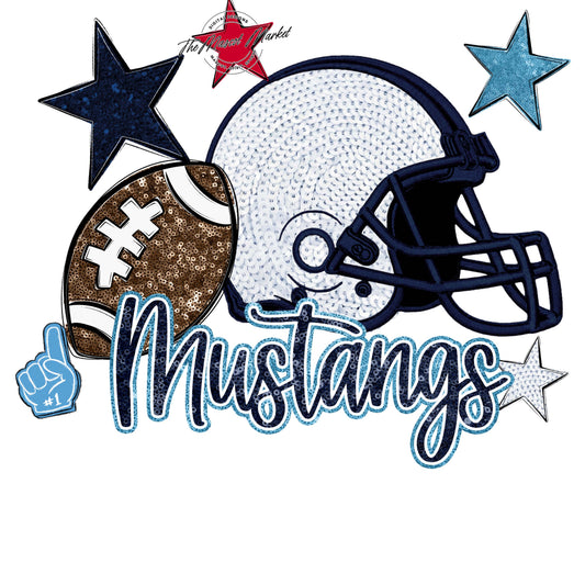 Mustangs Football Embroidered Sequins Design-Navy & Carolina Blue